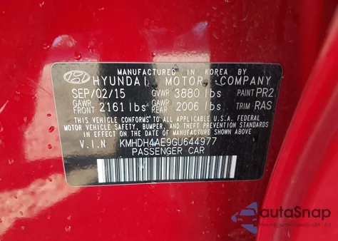 2016 Hyundai Elantra Se from USA, damaged, VIN KMHDH4AE9GU644977